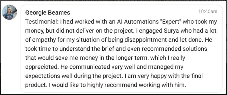 Original client testimonial from Georgie Beames