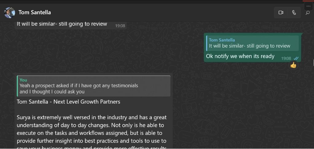Original client testimonial from Tom Santella